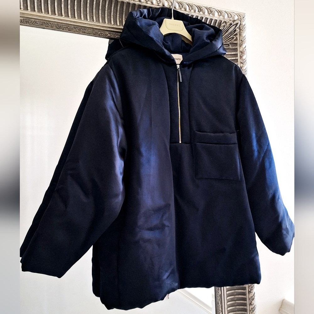 NWOT KHAITE Henry Satin Pullover Hooded Jacket in navy size M Org $1,700 - Picture 7 of 12